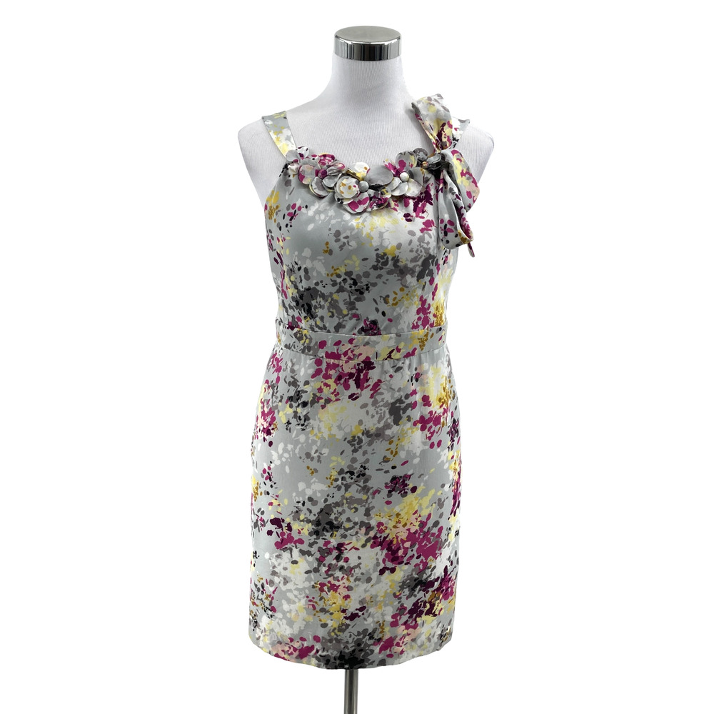 LOFT Petites Gray Multicolor Floral Print Sleeveless Bow Shoulder Sheath Size 6P